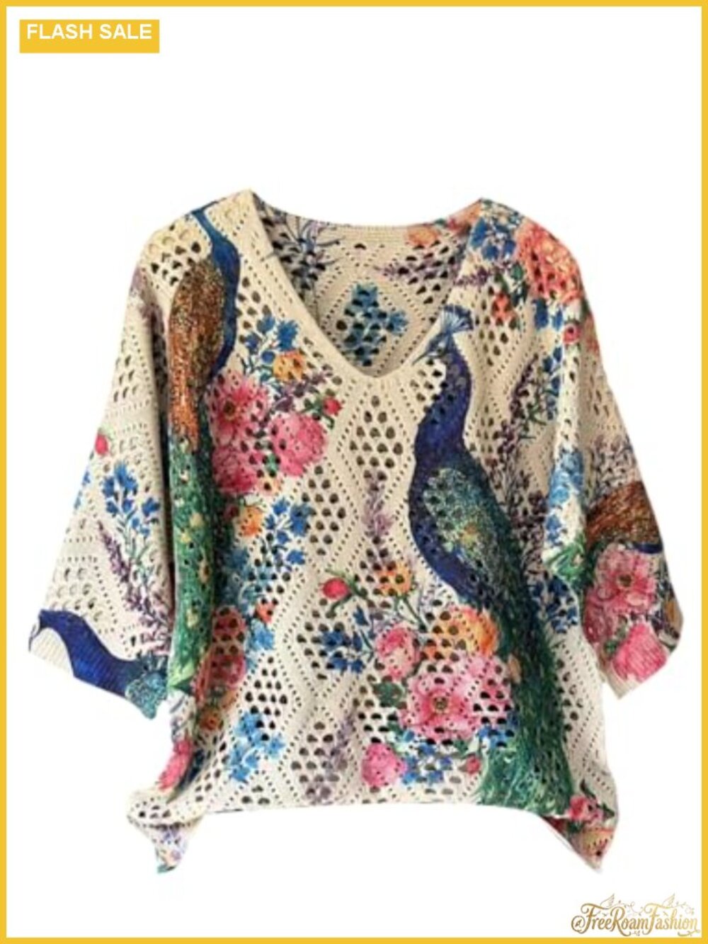 Crochet Beach Summer Sweater 3/4 Sleeve Boho Top Oversized V-Neck
